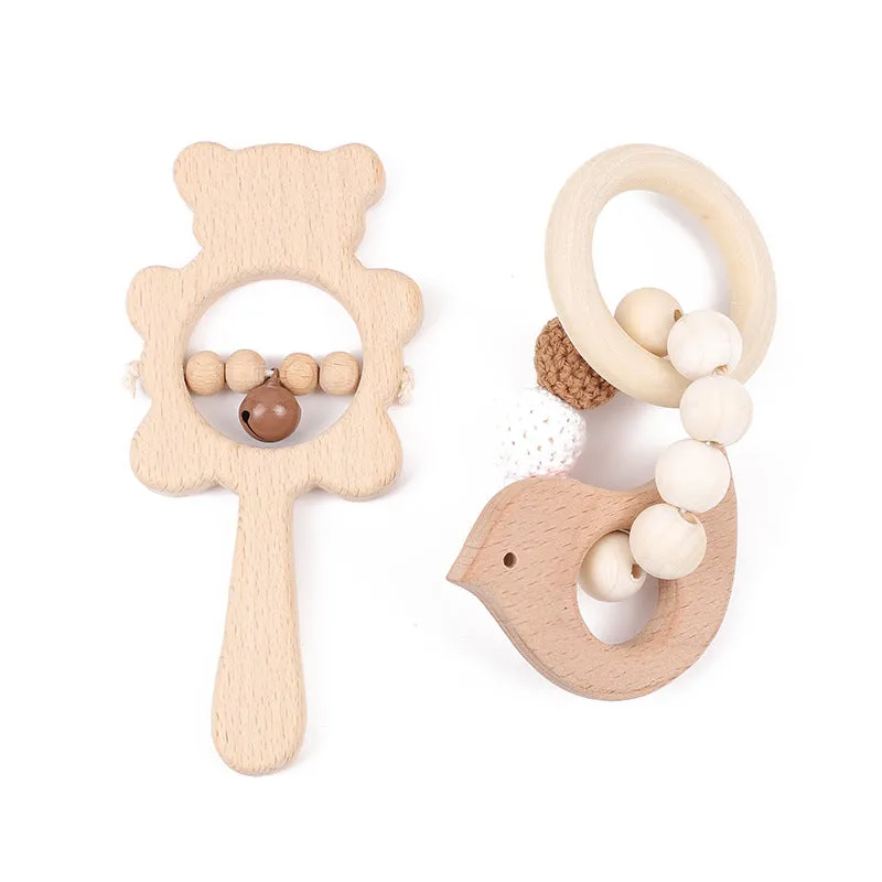 Baby bear rattle handheld toy two-piece set in wood wool with bird style pattern