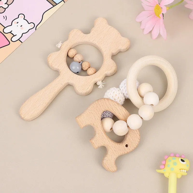 Baby bear rattle handheld toy two-piece set in wood wool with bird style pattern