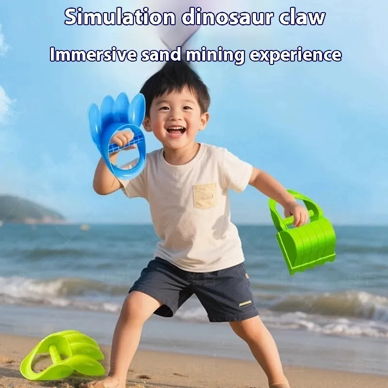 Two plastic sand digging shovels for children aged 4-6 years, set on a sandy surface near blue water.