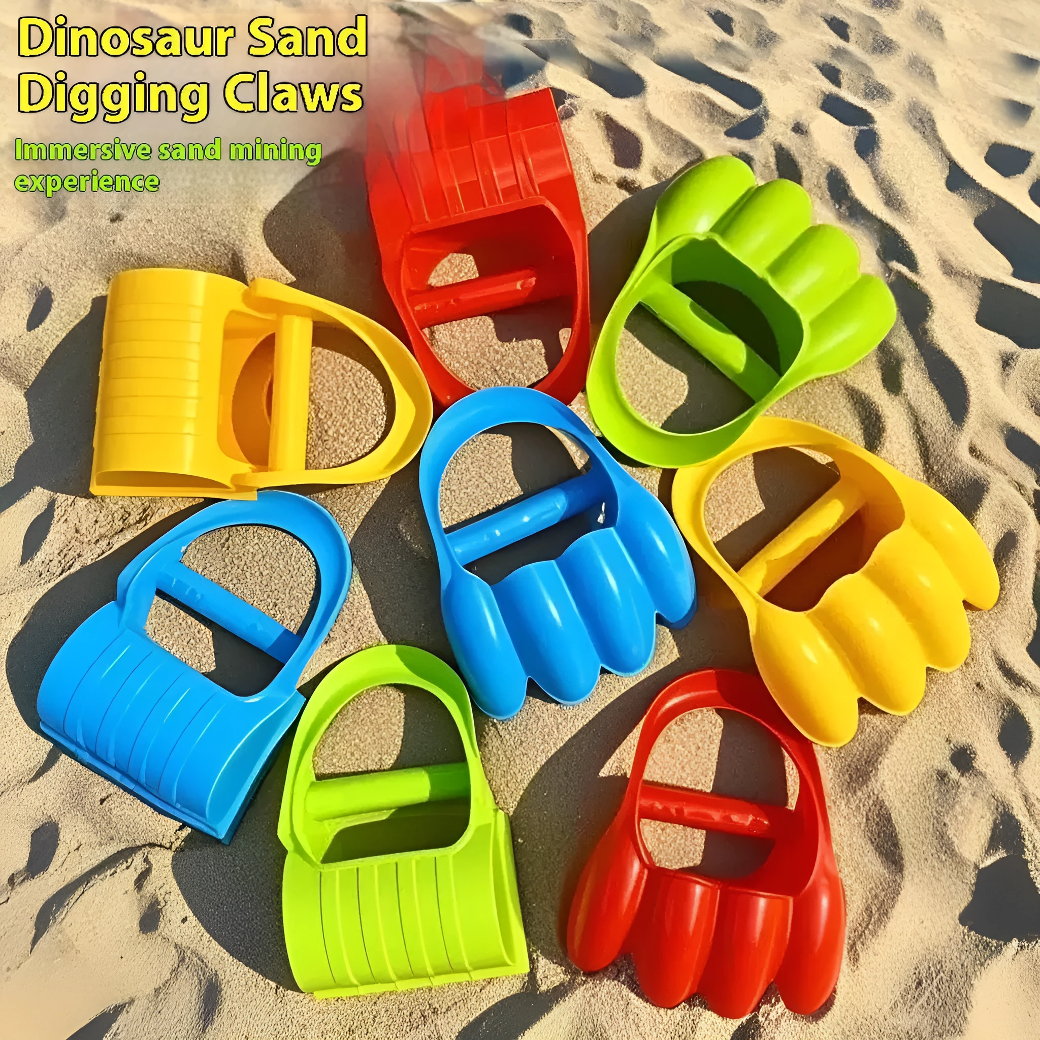Two plastic sand digging shovels for children aged 4-6 years, set on a sandy surface near blue water.