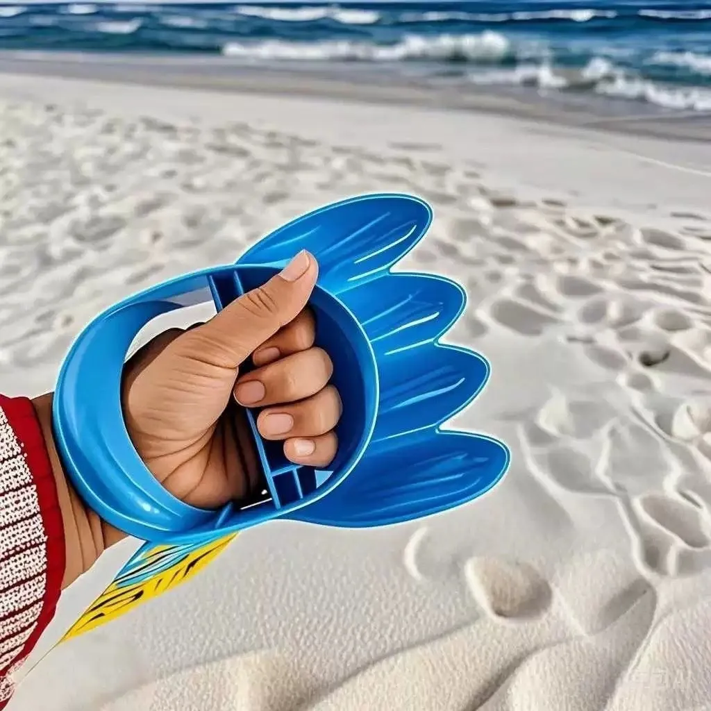 Two plastic sand digging shovels for children aged 4-6 years, set on a sandy surface near blue water.