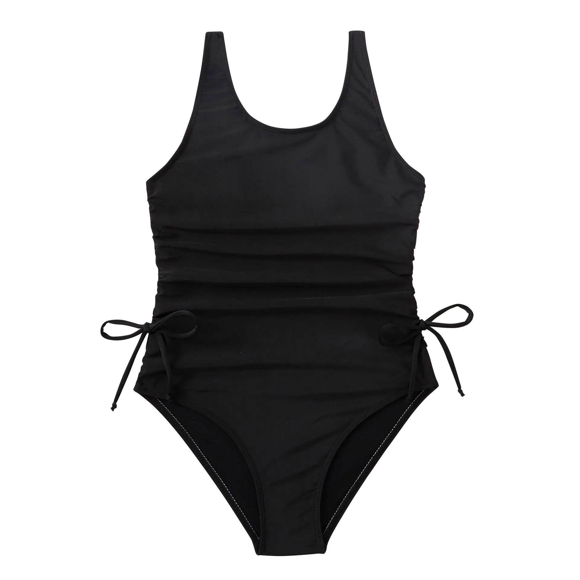 Children's solid black pleated tie swimsuit briefs in polyester spandex for swimming and wading