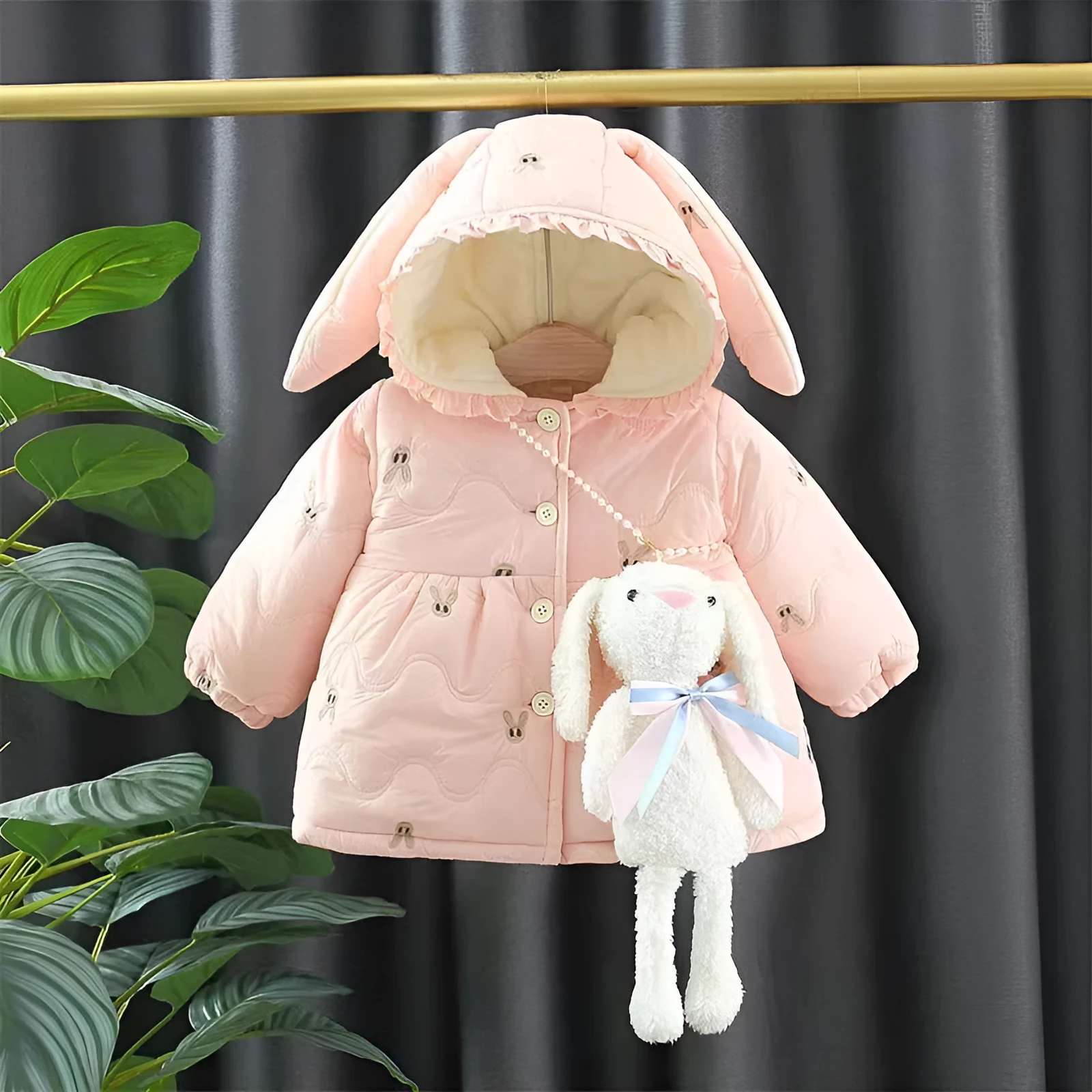 Girls thickened polyester padded winter coat zip-up pink cartoon Korean style for heights 73-100cm