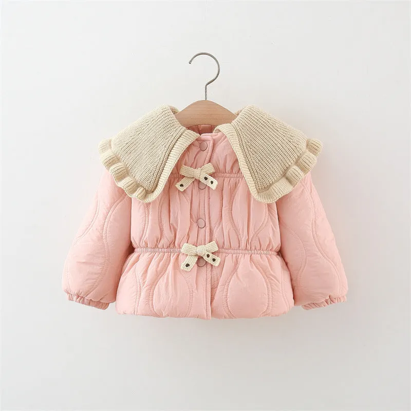 Girls winter thick cotton-padded coat with single-breasted front, Korean style, in pink and brown, suitable for heights 80-120cm