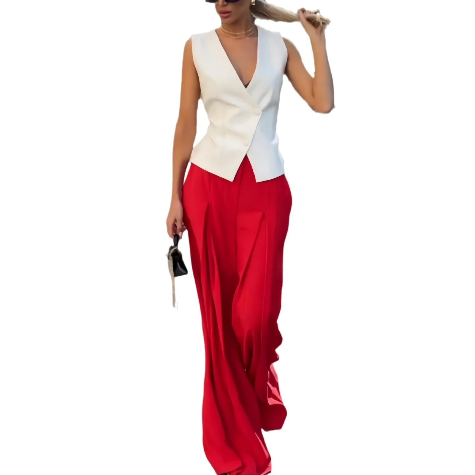 Women's beige two-piece set with deep V-neck sleeveless top and wide-leg trousers