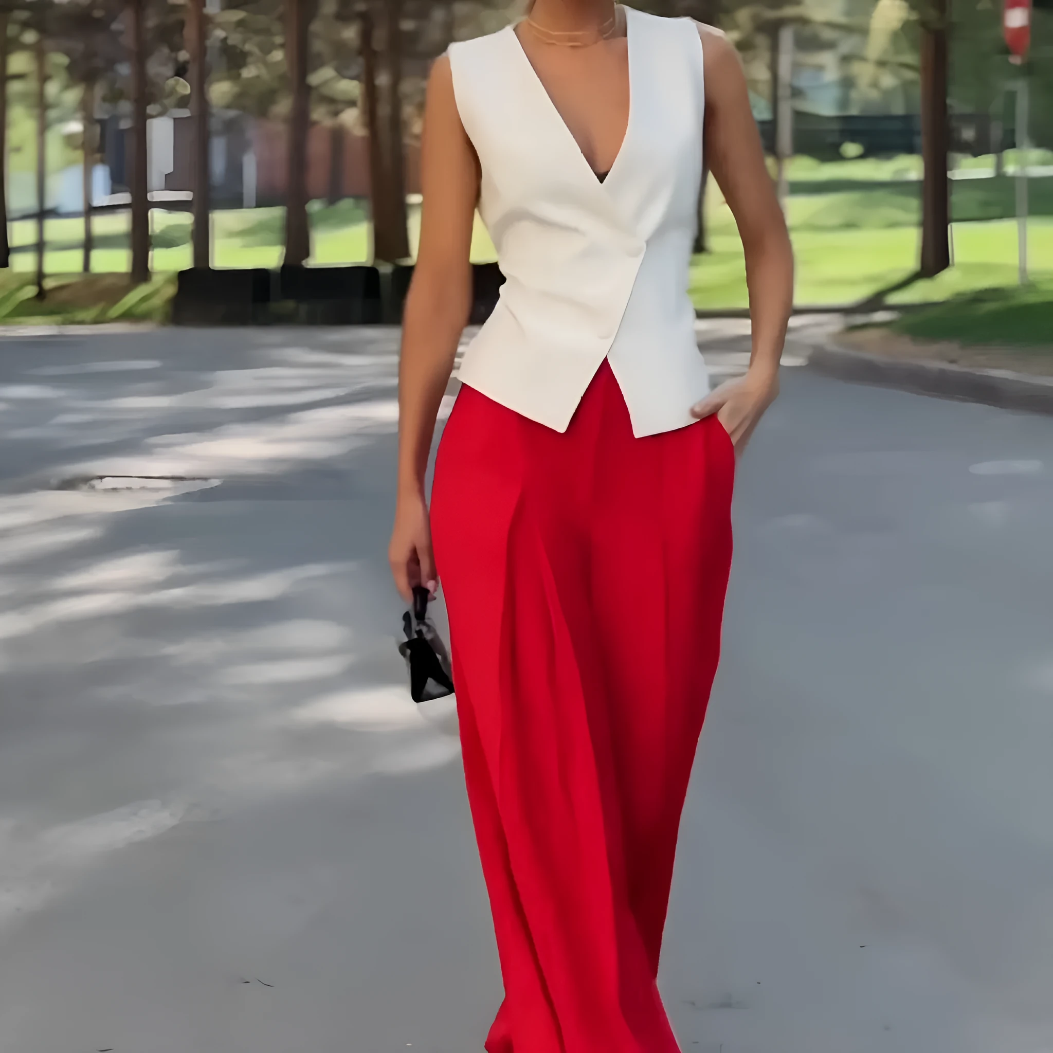 Women's beige two-piece set with deep V-neck sleeveless top and wide-leg trousers