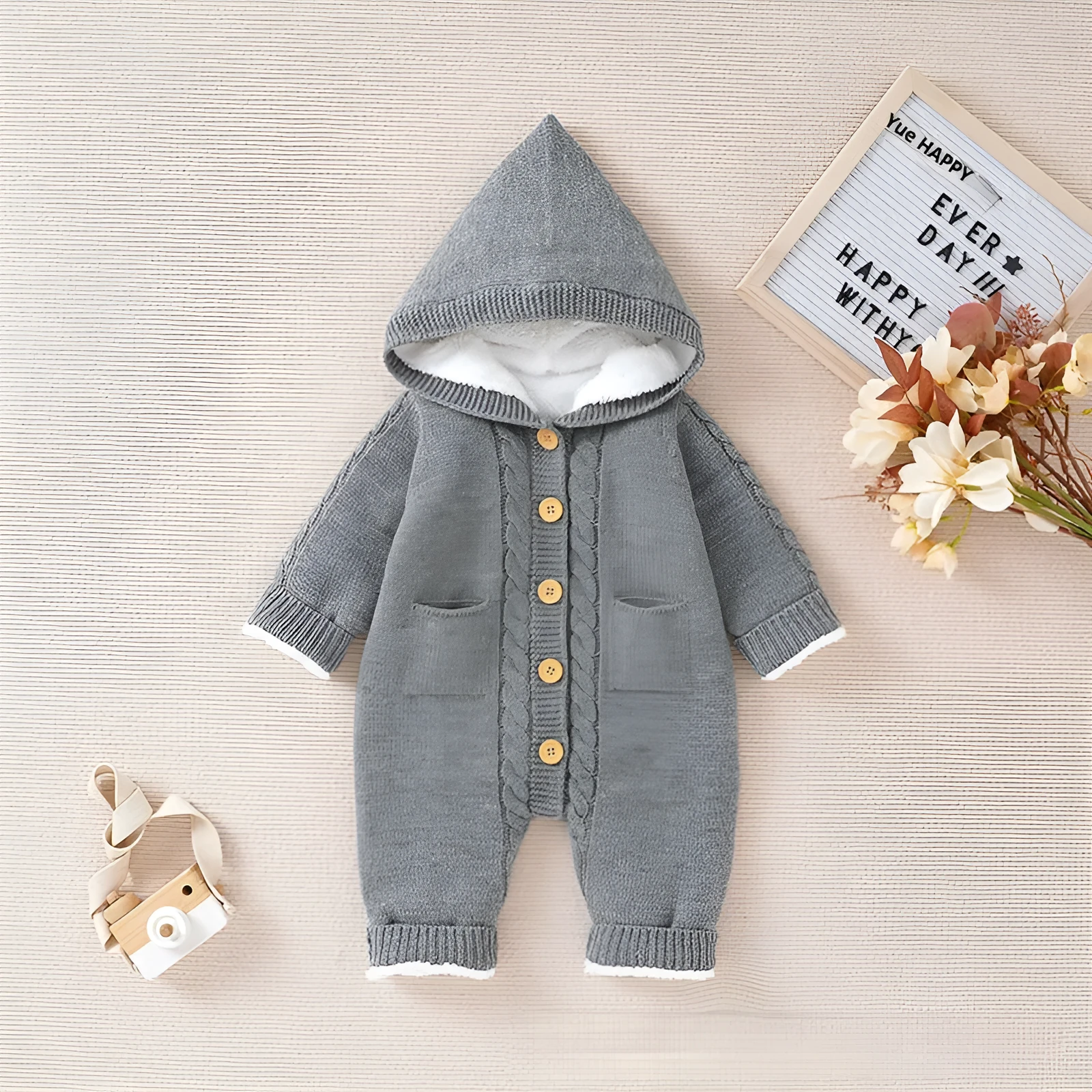 Baby winter thickened knitting jumpsuit romper in medium gray with long sleeves, suitable for crawling