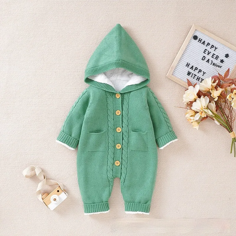 Baby winter thickened knitting jumpsuit romper in medium gray with long sleeves, suitable for crawling
