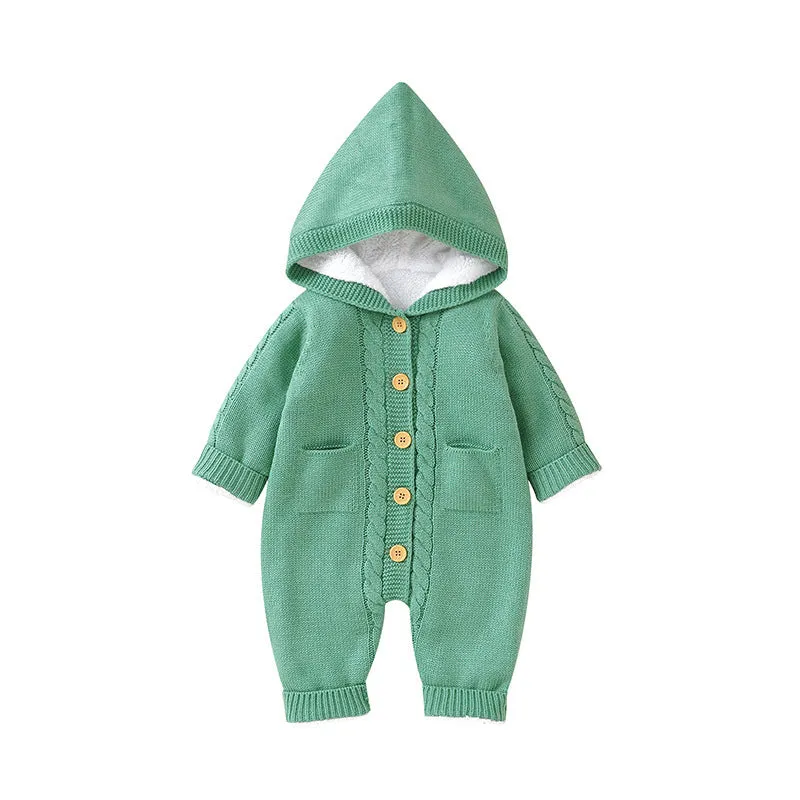 Baby winter thickened knitting jumpsuit romper in medium gray with long sleeves, suitable for crawling