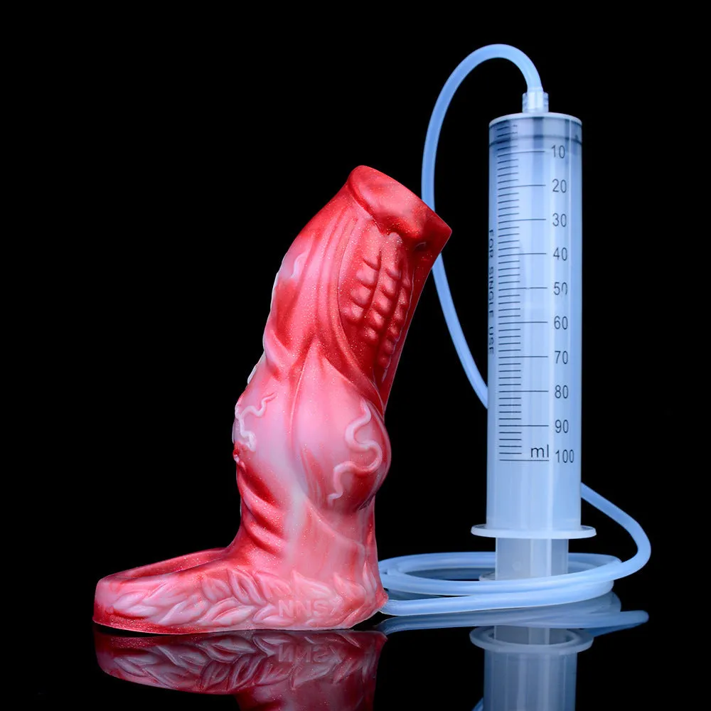 Manual water spray silicone exotic condom adult toy with syringe, airbag, and balloon components on a plain background.