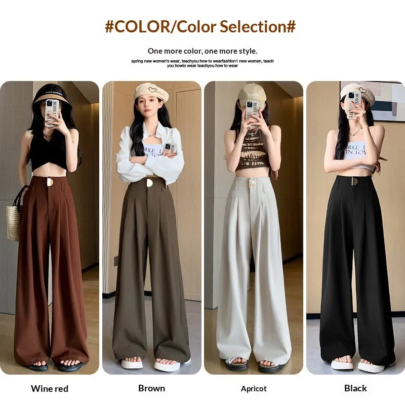 Women's high-waisted wide-leg pants in black, slightly elastic spandex fabric, loose straight fit, regular length