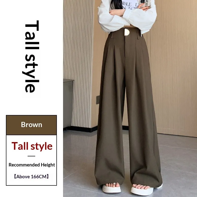 Women's high-waisted wide-leg pants in black, slightly elastic spandex fabric, loose straight fit, regular length