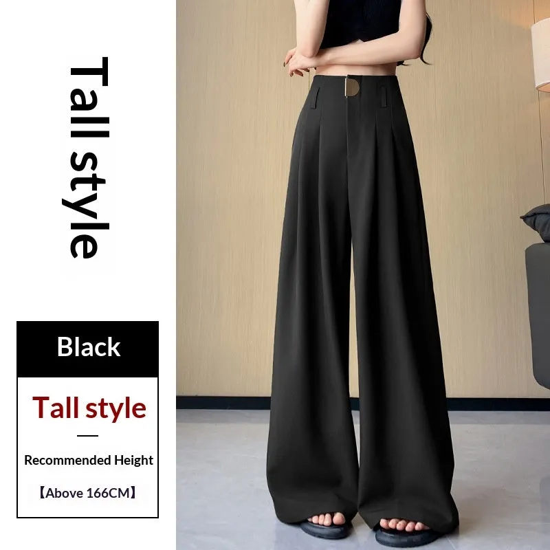 Women's high-waisted wide-leg pants in black, slightly elastic spandex fabric, loose straight fit, regular length