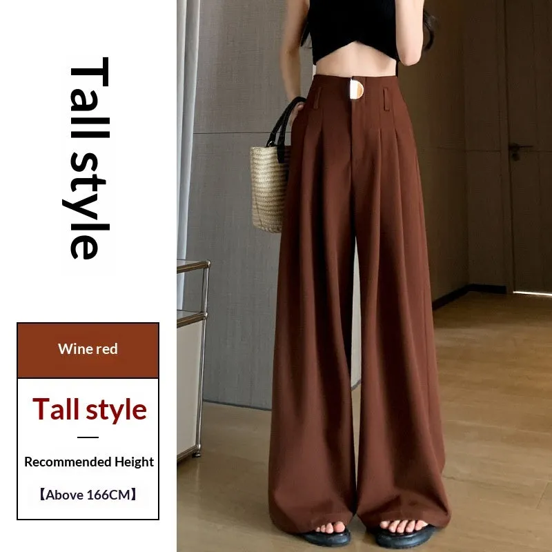 Women's high-waisted wide-leg pants in black, slightly elastic spandex fabric, loose straight fit, regular length