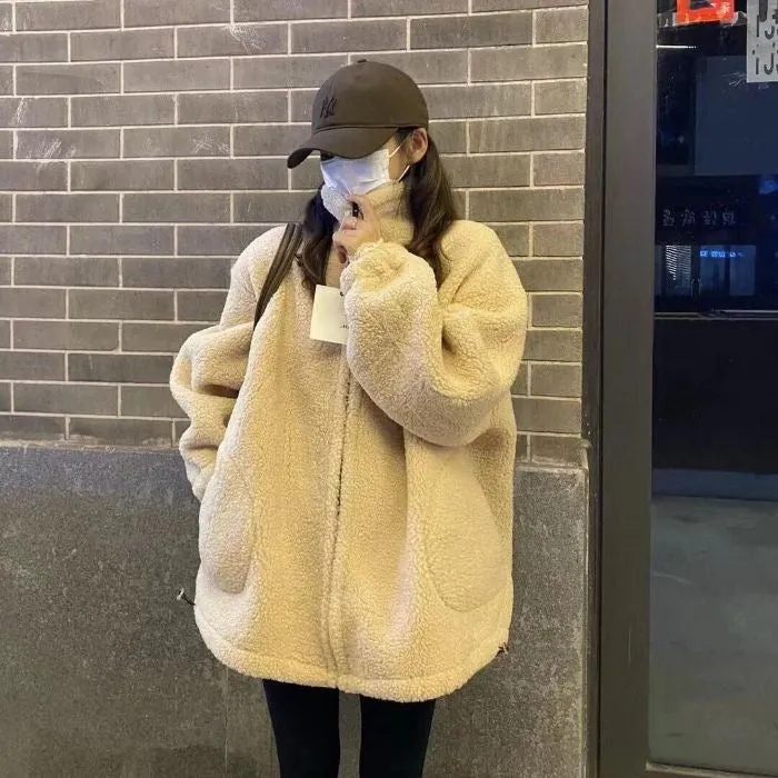 Thickened particle lamb fleece coat for women in beige, regular fit, polyester fabric