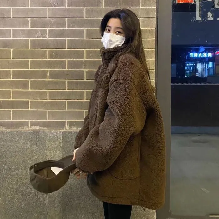 Thickened particle lamb fleece coat for women in beige, regular fit, polyester fabric