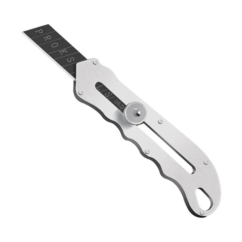 Stainless steel folding art knife with a black blade, shown with long and trapezoidal replacement blades.