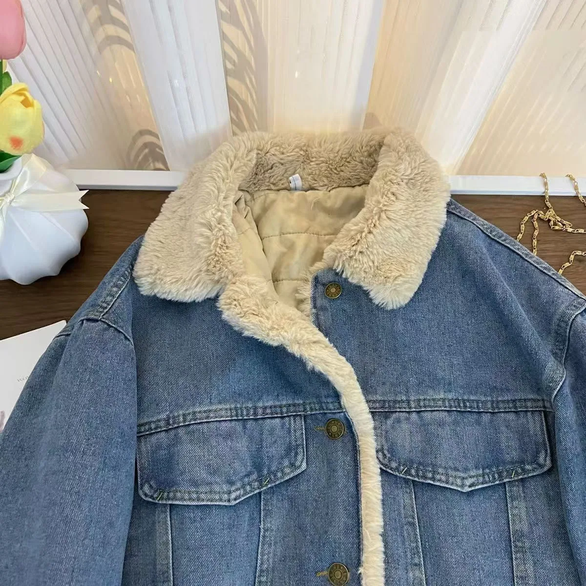 Blue premium faux lamb wool denim jacket for men with cotton denim outer and long sleeves