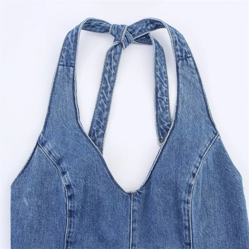 Off-the-shoulder backless denim dress for women, A-line lace-up halter neck, street trendy style, picture colour