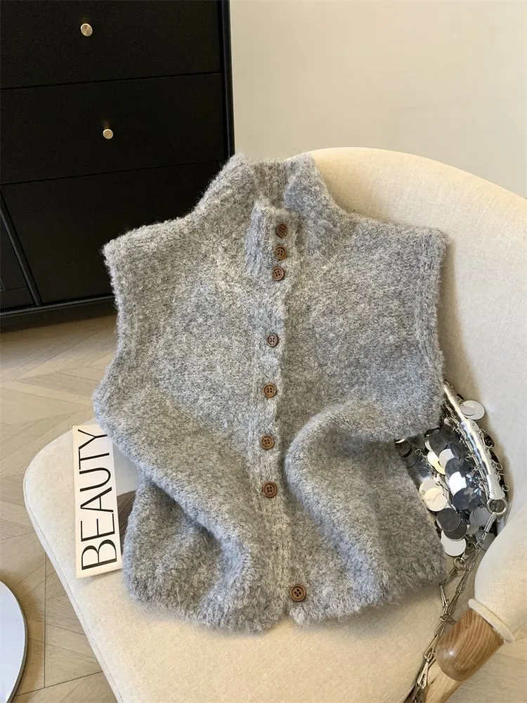 Women's solid colour high-neck sleeveless knitted vest in oatmeal, lamb wool and chenille fabric, Korean-style cardigan