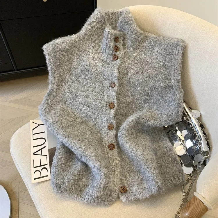 Women's solid colour high-neck sleeveless knitted vest in oatmeal, lamb wool and chenille fabric, Korean-style cardigan