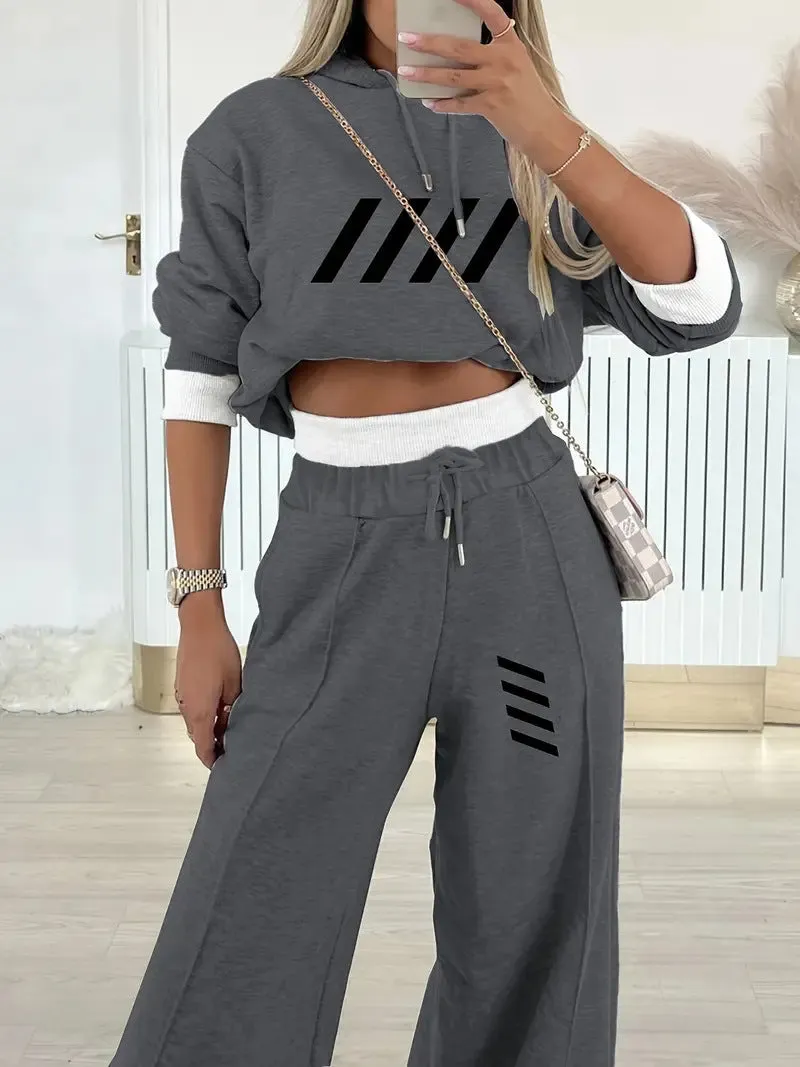 Women's casual hooded sweatshirt and jogger set in dark gray polyester