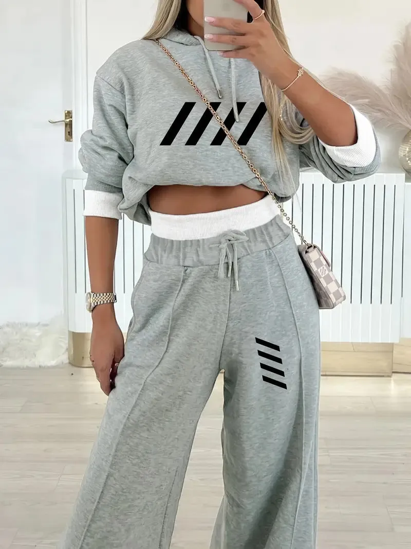 Women's casual hooded sweatshirt and jogger set in dark gray polyester