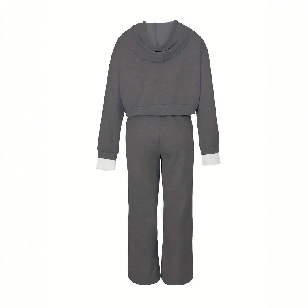 Women's casual hooded sweatshirt and jogger set in dark gray polyester