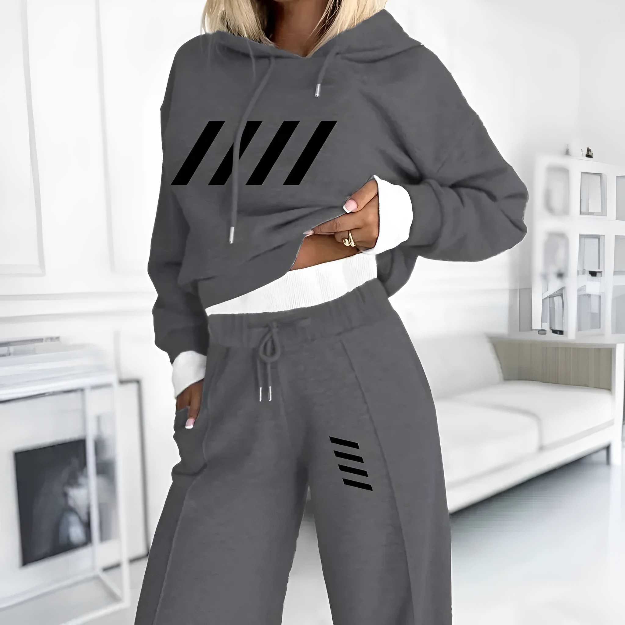 Women's casual hooded sweatshirt and jogger set in dark gray polyester