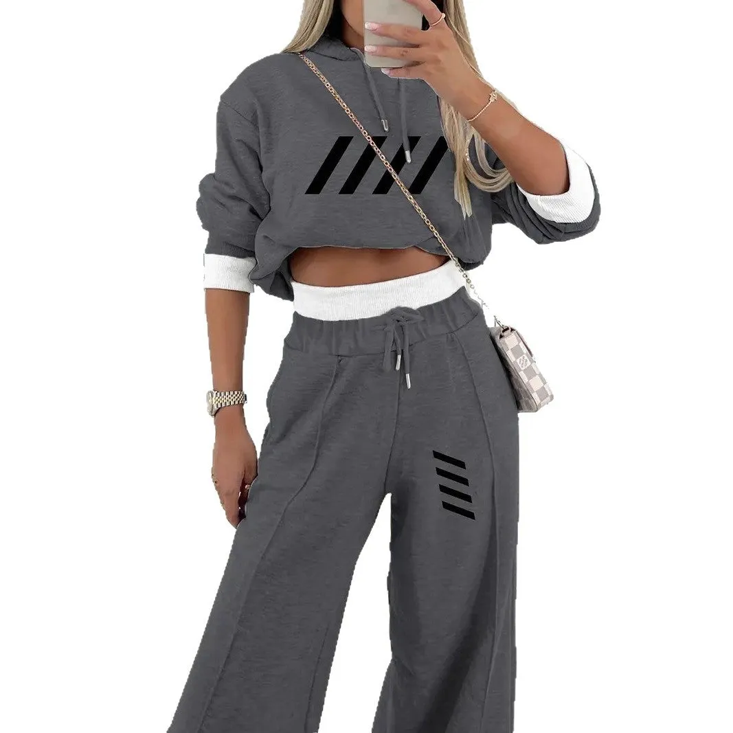 Women's casual hooded sweatshirt and jogger set in dark gray polyester