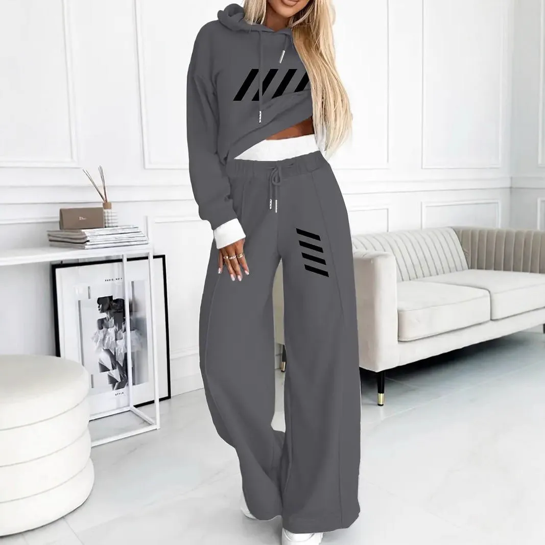 Women's casual hooded sweatshirt and jogger set in dark gray polyester