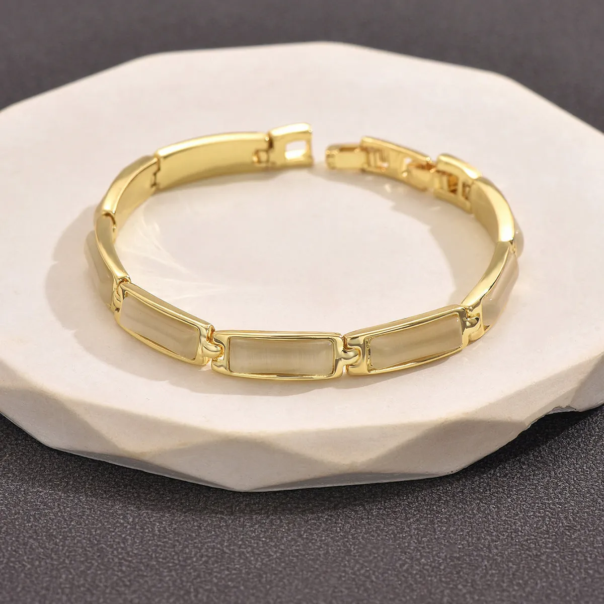 Geometric rose gold alloy bracelet with gemstone inlay for women, quadrilateral shape