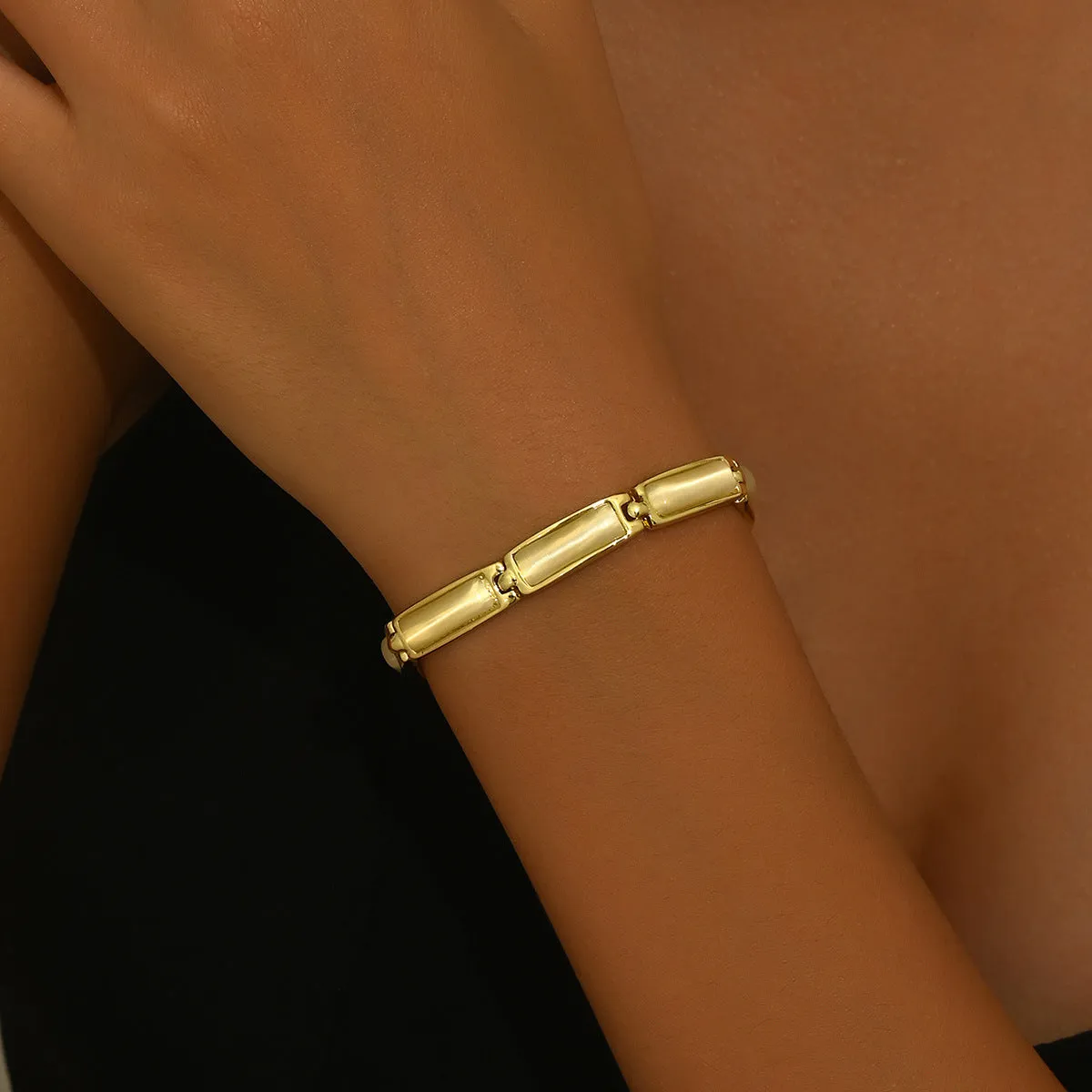 Geometric rose gold alloy bracelet with gemstone inlay for women, quadrilateral shape