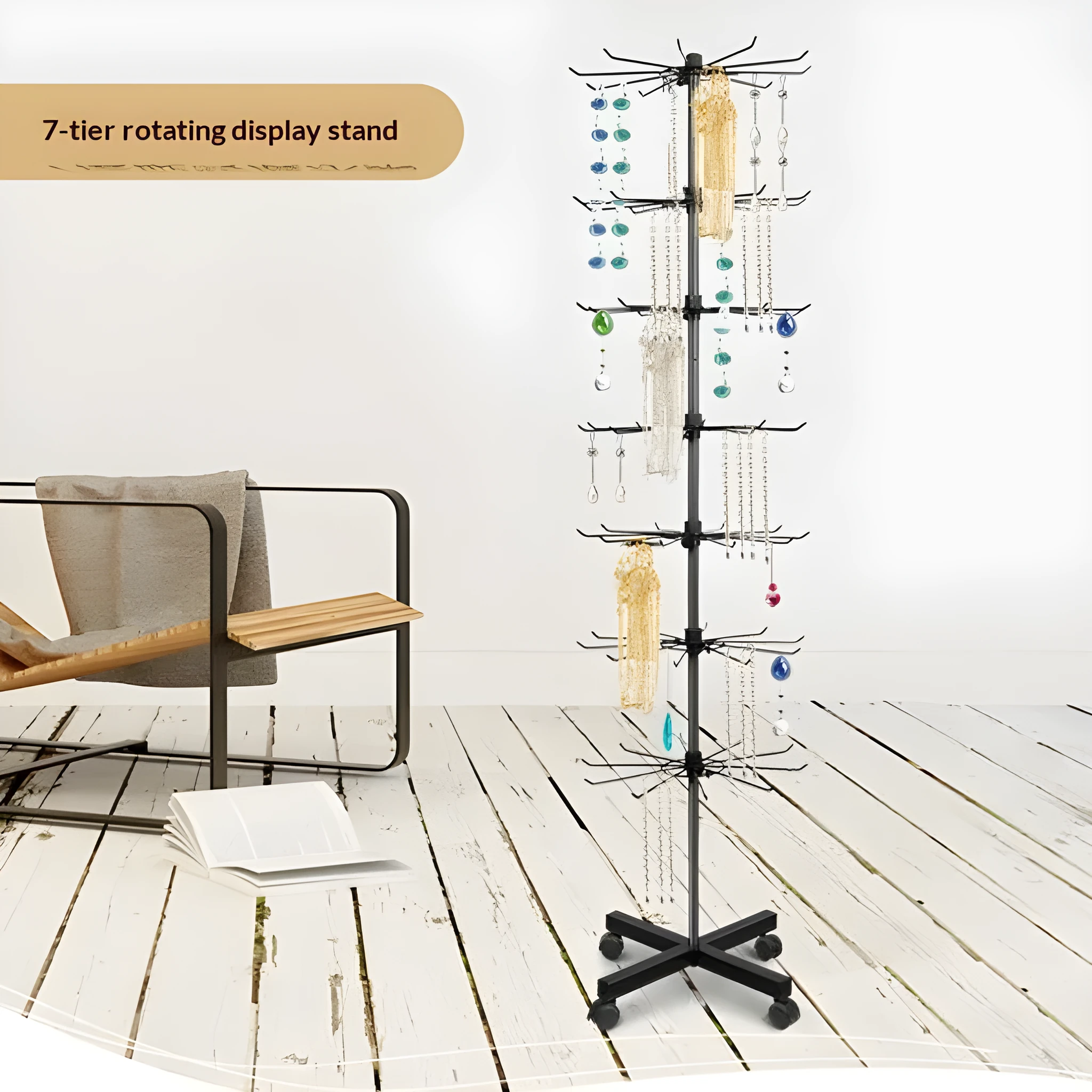 Iron accessory rack display stand with seven layers in black holding phone cases and gloves