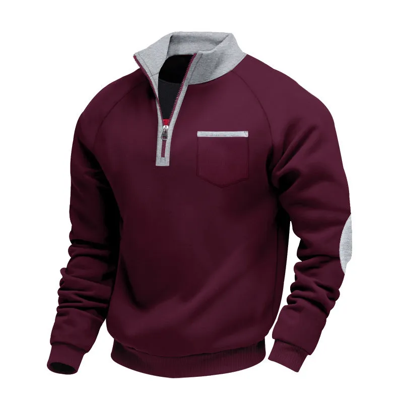 Men's fleece-lined zip-up stand collar patchwork sweatshirt in dark gray, front view, casual long-sleeve top