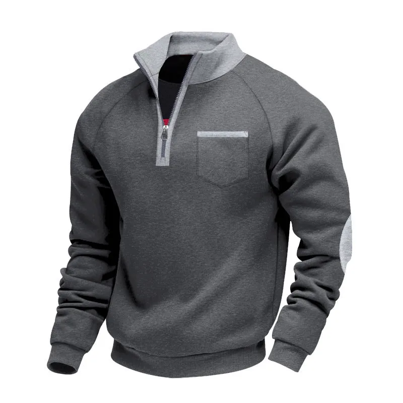 Men's fleece-lined zip-up stand collar patchwork sweatshirt in dark gray, front view, casual long-sleeve top