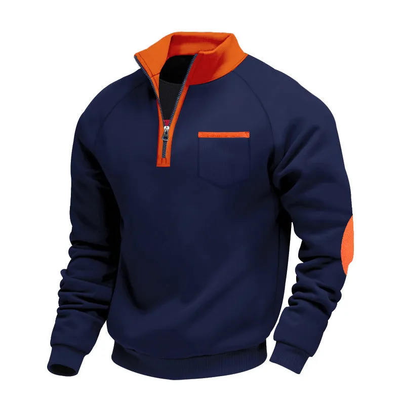 Men's fleece-lined zip-up stand collar patchwork sweatshirt in dark gray, front view, casual long-sleeve top