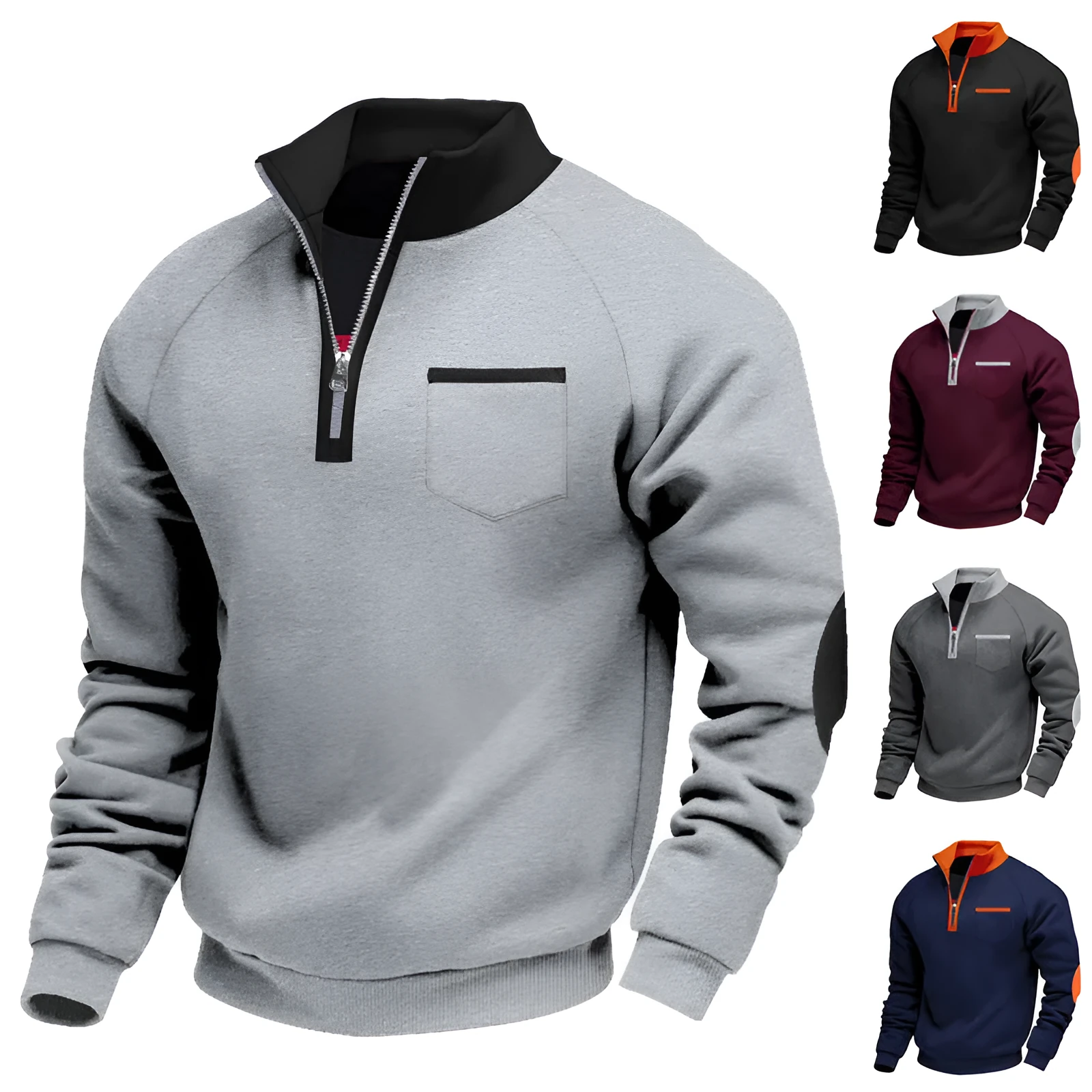 Men's fleece-lined zip-up stand collar patchwork sweatshirt in dark gray, front view, casual long-sleeve top