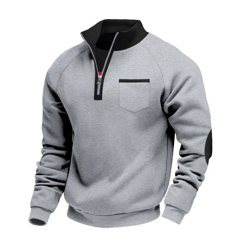 Men's fleece-lined zip-up stand collar patchwork sweatshirt in dark gray, front view, casual long-sleeve top