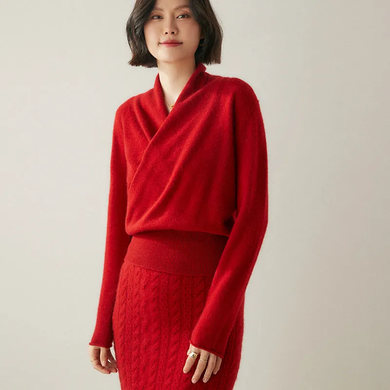 Women's solid colour cashmere V-neck cross sweater top with long sleeves in Elegant Camel, shown on a model.