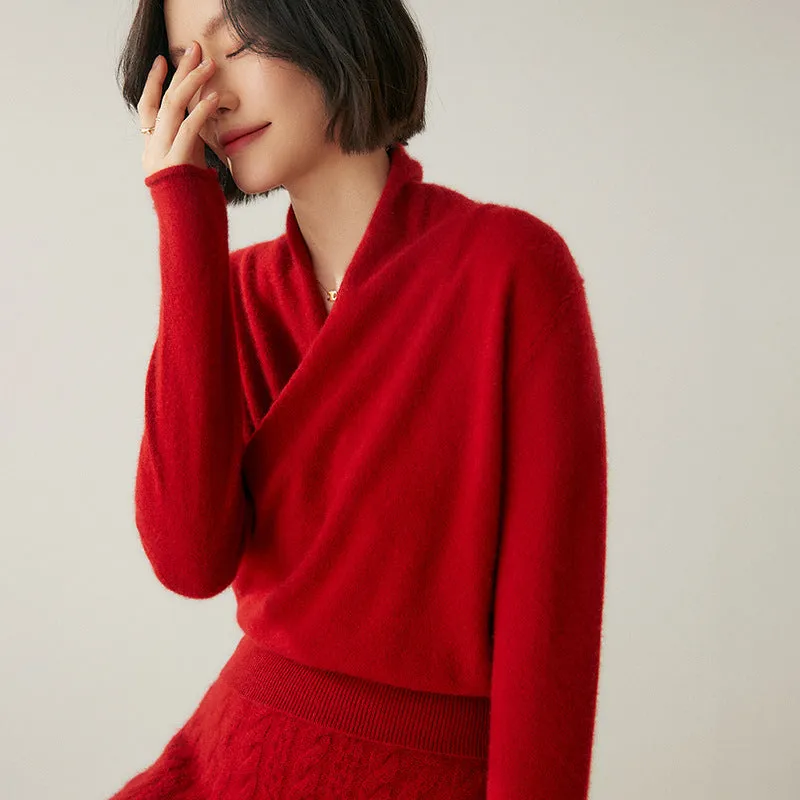 Women's solid colour cashmere V-neck cross sweater top with long sleeves in Elegant Camel, shown on a model.