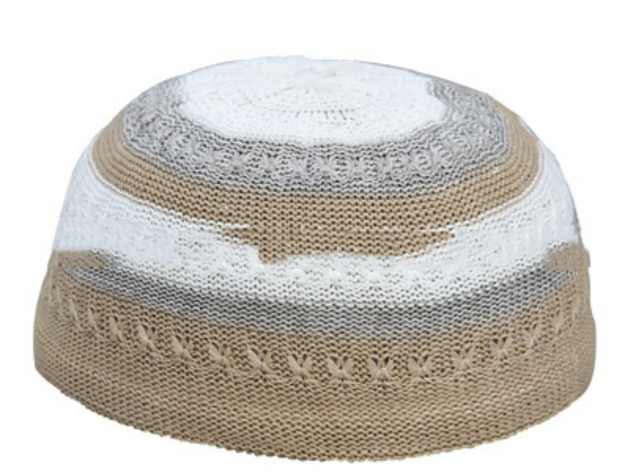 Knitted mesh cotton Muslim prayer cap with geometric embroidery for men in black, white, grey