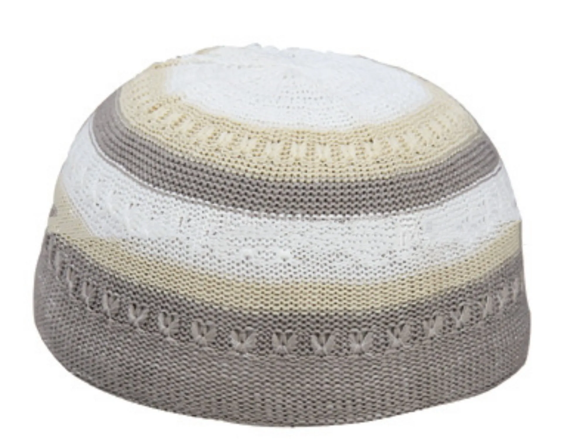 Knitted mesh cotton Muslim prayer cap with geometric embroidery for men in black, white, grey