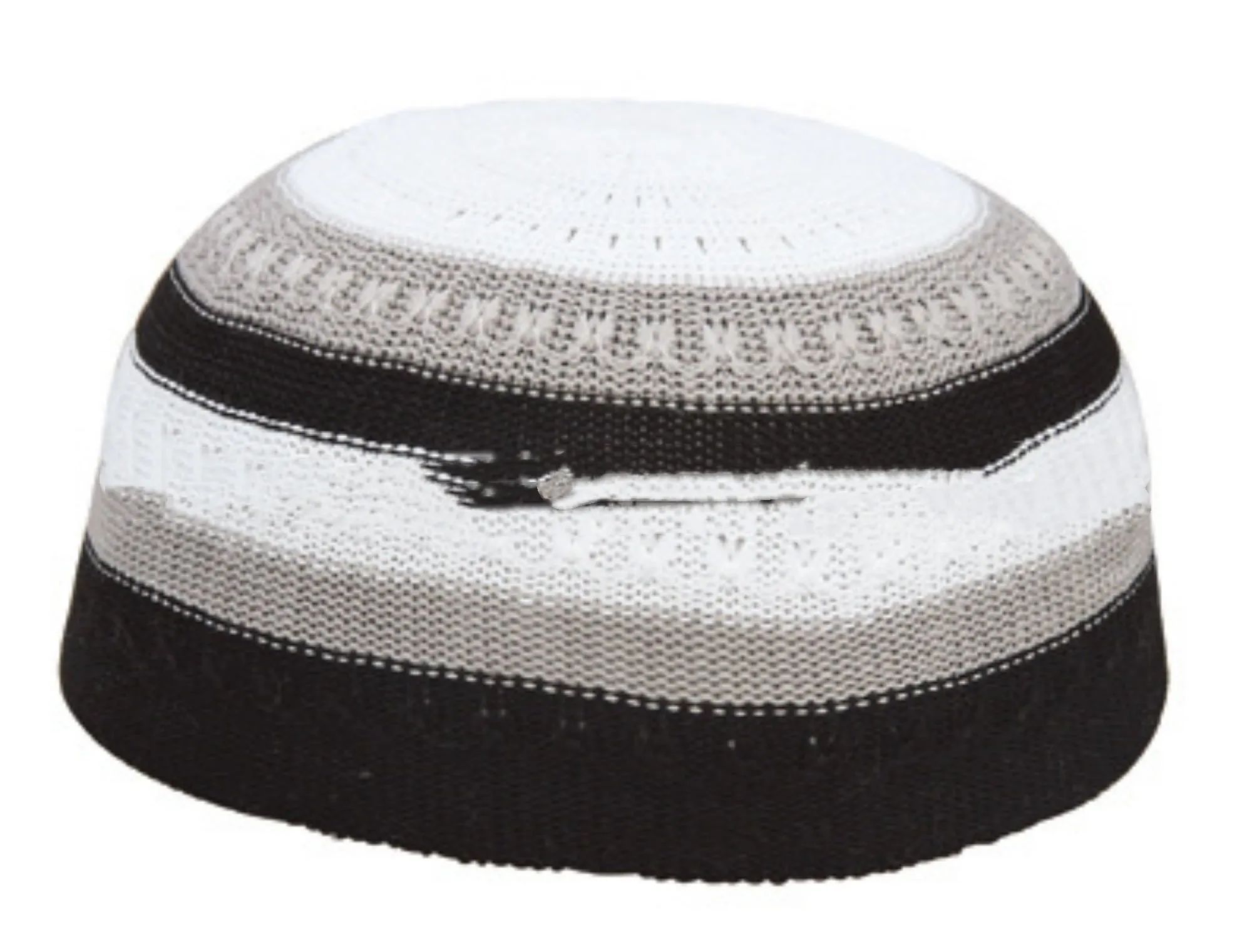 Knitted mesh cotton Muslim prayer cap with geometric embroidery for men in black, white, grey
