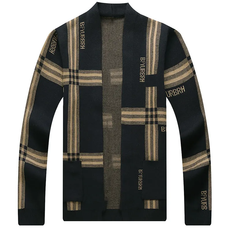 Men's camel and black slim fit long-sleeve knitted cardigan sweater coat with zipper on model