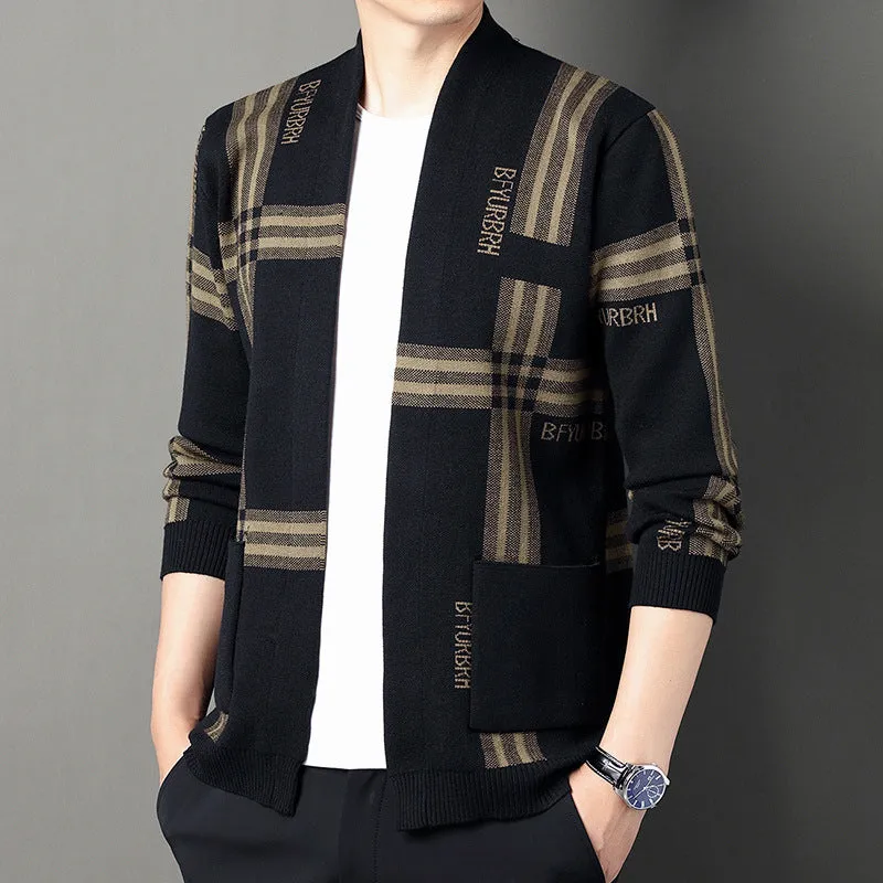Men's camel and black slim fit long-sleeve knitted cardigan sweater coat with zipper on model