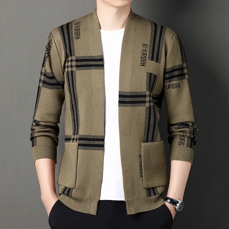 Men's camel and black slim fit long-sleeve knitted cardigan sweater coat with zipper on model
