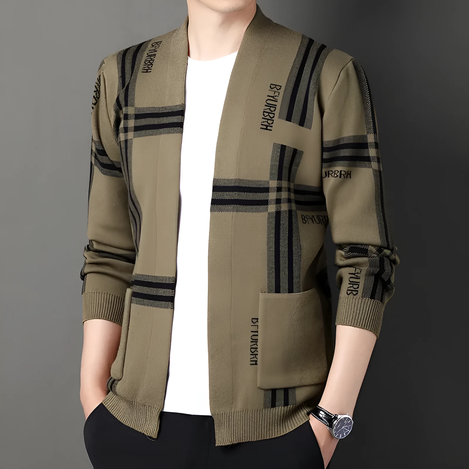 Men's camel and black slim fit long-sleeve knitted cardigan sweater coat with zipper on model