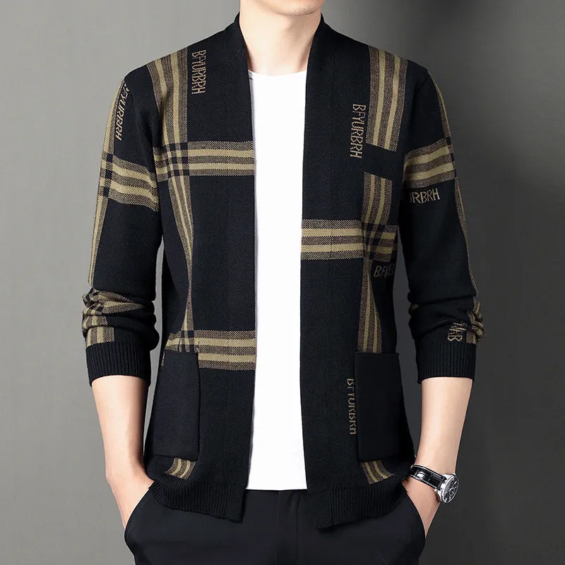 Men's camel and black slim fit long-sleeve knitted cardigan sweater coat with zipper on model