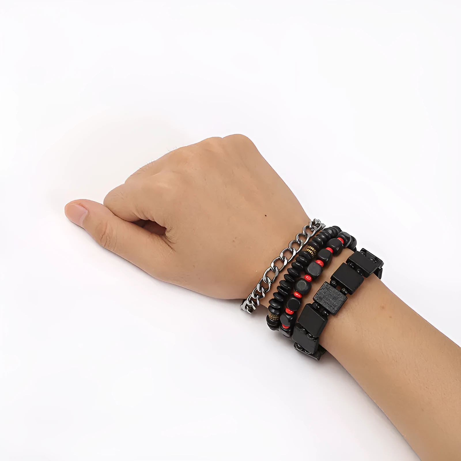 Retro woven alloy beaded bracelet set of 4 in four colours, unisex handmade design